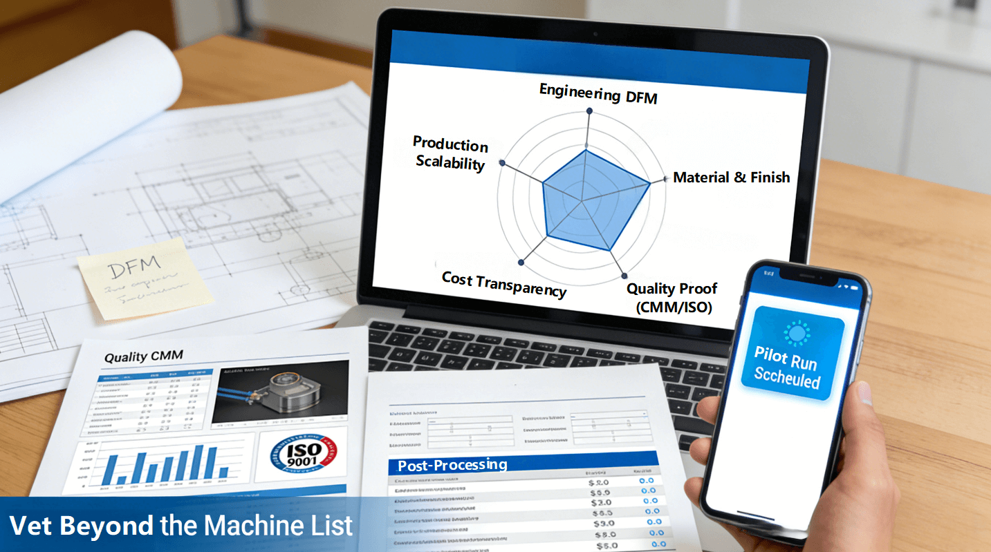 A laptop on an engineer's desk shows an interactive dashboard with a five-dimensional radar chart evaluating suppliers on Engineering DFM, Material Mastery, Quality Proof, Cost Transparency, and Scalability, contrasting an "Average Vendor" with a "Strategic Partner," surrounded by DFM notes and an itemized quote.
