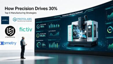 Inside a modern industrial command center, a manufacturing project lead is analyzing a real-time production dashboard; the dashboard displays a 30% reduction in lead times, a yield rate of 99.8%, and a comparative analysis of the top five CNC suppliers.