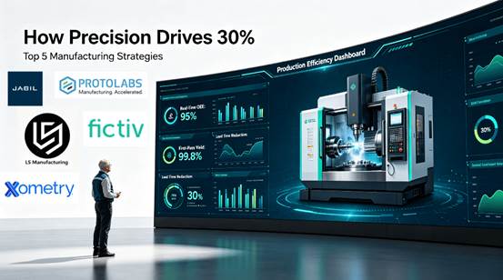 Inside a modern industrial command center, a manufacturing project lead is analyzing a real-time production dashboard; the dashboard displays a 30% reduction in lead times, a yield rate of 99.8%, and a comparative analysis of the top five CNC suppliers.