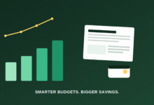 Illustration of a rising savings chart, a budget statement, and a payment card representing household budgeting trends