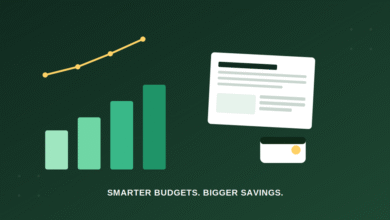 Illustration of a rising savings chart, a budget statement, and a payment card representing household budgeting trends