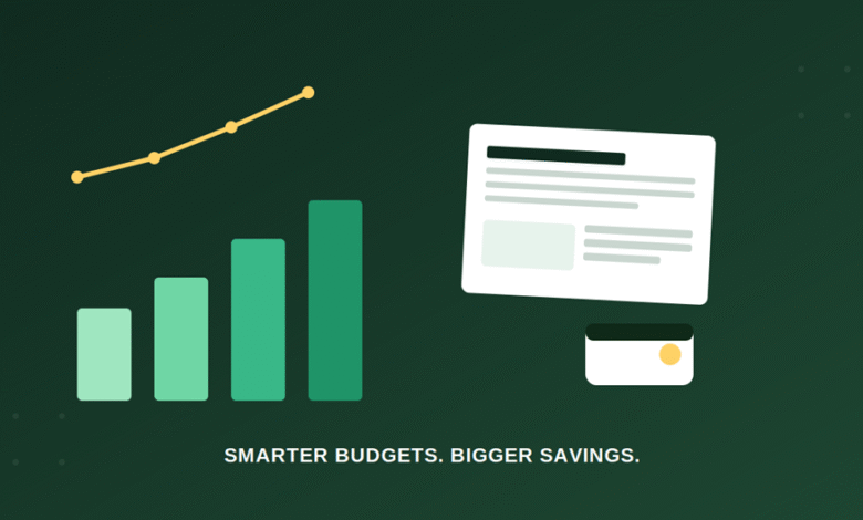 Illustration of a rising savings chart, a budget statement, and a payment card representing household budgeting trends