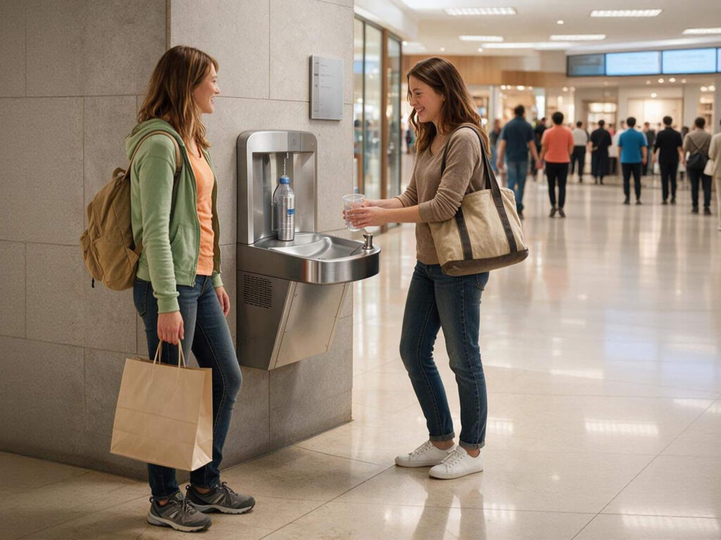 Image alt: Commercial drinking fountain with integrated bottle filler station for public spaces