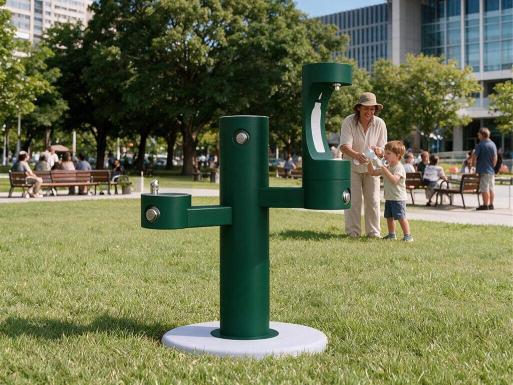 Image alt: Multi-level outdoor drinking water fountain and pedestal bottle filler station for parks