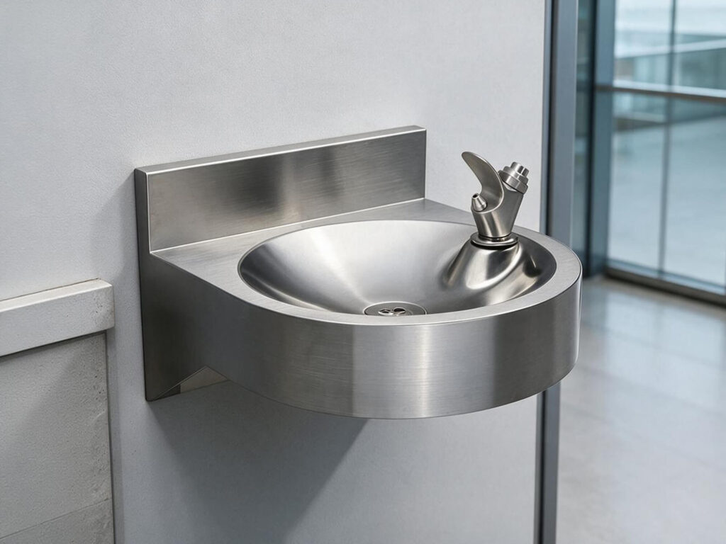 Image alt: Wall-mounted stainless steel drinking fountain for commercial indoor facilities